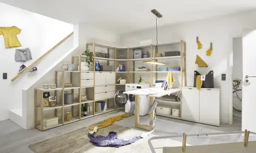 Regalsystem- Eiche Dekor, Kreidegrau, Matt, Lack