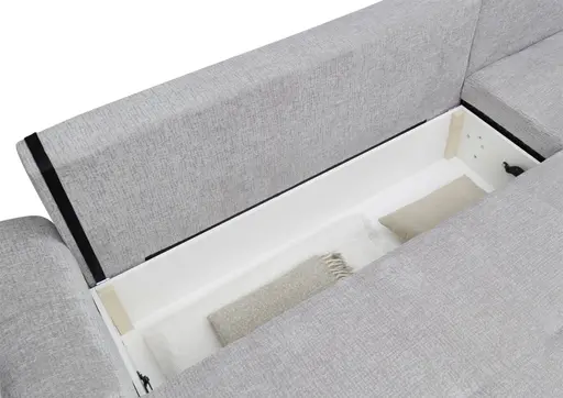 Ecksofa - Longchair links mit 2-Sitzer, Schlaffunktion mit Bettkasten, Stoff, Silbergrau