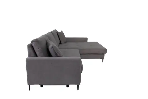 Ecksofa - 3-Sitzer mit Longchair rechts, Schlaffunktion mit Bettkasten, Stoff, Grau