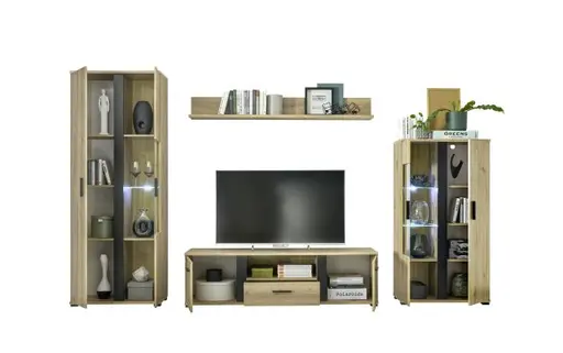 Wohnwand- Eiche  Dekor, Schwarz