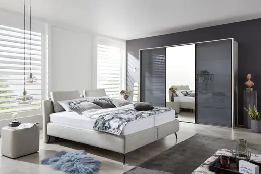 Schwebetürenschrank 3-türig EM Arango - mit Passepartout und Beleuchtung, B. ca. 298 cm, Dekor Eiche grau, Anthrazitglas, Kristallspiegel