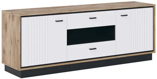 TV-Board- Eiche Dekor, Weiß Hochglanz