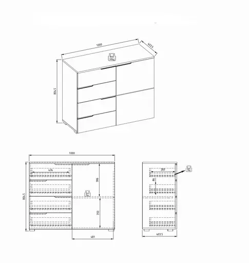 Kommode - B ca. 100 cm, Weiß, Weiß Hochglanz