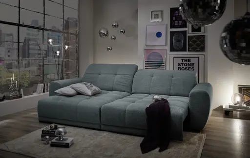 Ecksofa - Longchair links mit 2-Sitzer, Kopfteil verstellbar, Sitztiefe verstellbar motorisch, Stoff, Eisblau