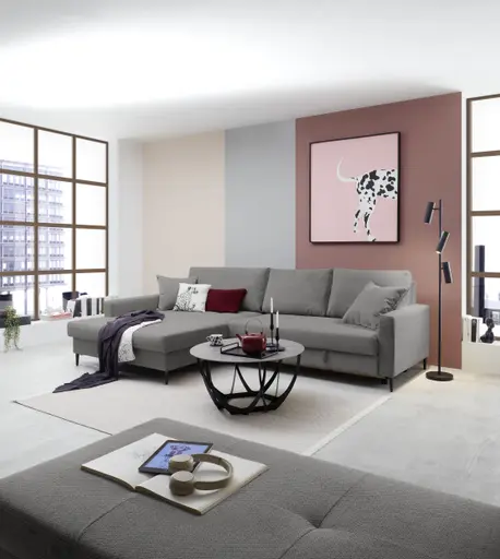 Ecksofa - Longchair links mit 3-Sitzer, Schlaffunktion mit Bettkasten, Stoff, Grau