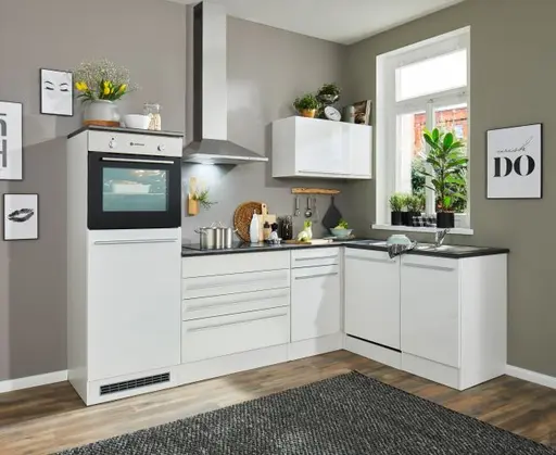 Küchenblock Eck- Inkl. E-Geräte, B ca. 260 cm, Weiß Matt, Weiß Hochglanz