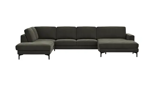 Wohnlandschaft Oviedo - Ecke links mit 2-Sitzer und Longchair rechts, Stoff, Braungrün