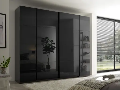 Schwebe- Drehtürenschrank - B. ca. 267 cm, Grauglas, Graphit