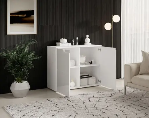 Kommode - B ca. 100 cm, Weiß, Weiß Hochglanz