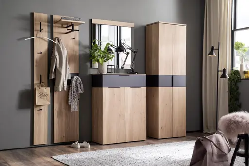 Garderobe - mit Beleuchtung, Wildeiche massiv, Absetzung Anthrazit