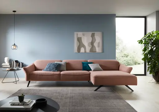 Ecksofa Bormio - 3-Sitzer mit Longchair rechts inklusive Relaxfunktion (motorisch), Stoff, Pfirsich