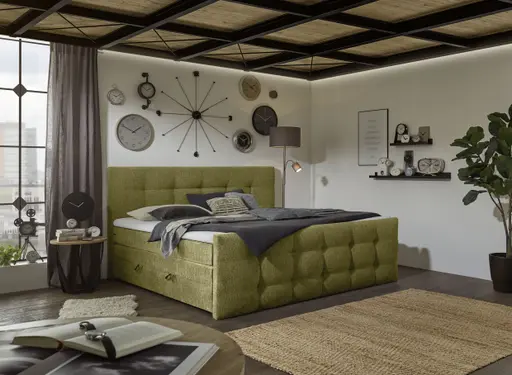 Boxspringbett SANDRIN I- Liegefläche ca. 200x200 cm, Stoff, Grün,  inkl. Stauraum und Fußteil