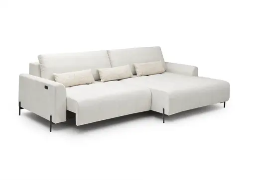Ecksofa - 2-Sitzer mit Longchair rechts, Sitztiefe verstellbar motorisch, Stoff, Creme