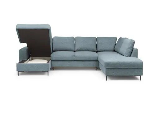 Wohnlandschaft - Longchair links mit 2-Sitzer und Ecke rechts, Stoff, Azur