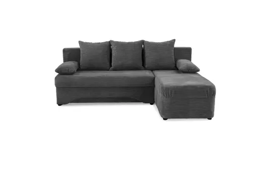 Ecksofa - 2-Sitzer mit Longchair rechts, Schaffunktion mit Bettkasten, Cord, Grau