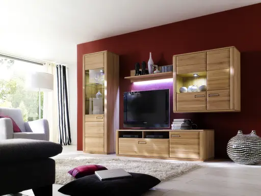 Wohnwand - mit Beleuchtung, Kernbuche teilmassiv