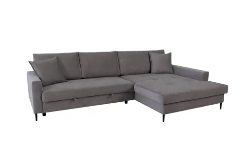 Ecksofa - 3-Sitzer mit Longchair rechts, Schlaffunktion mit Bettkasten, Stoff, Grau