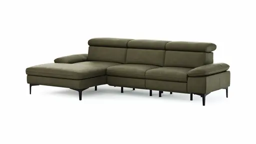 Ecksofa Felipa - Longchair links mit 2,5-Sitzer inkl. Armlehne verstellbar und Rückenlehne/Sitztiefe verstellbar (motorisch), Leder, Olive