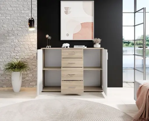 Kommode - B ca. 120 cm, Sonoma Eiche Nachbildung, Weiß