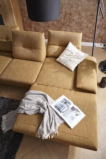 Ecksofa Lucero - 2-Sitzer mit Longchair rechts inkl. Rückenlehne/Armlehne/Sitztiefe verstellbar und drehbares Sitzelement, Stoff, Senfgelb