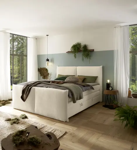 Boxspringbett SANDRIN L- Liegefläche ca. 180x200 cm, Stoff, Creme, inkl. Stauraum, und Fußteil