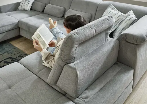 Wohnlandschaft - Longchair links mit 2,5-Sitzer und Ecke rechts, Sitztiefe verstellbar, Stoff, Grau