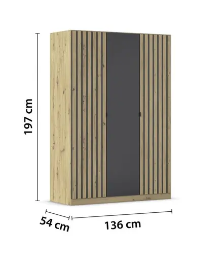 Drehtürenschrank RUERTO- B ca. 136 cm, Eiche Dekor, Dunkelgrau, Paneel, Eiche Dekor