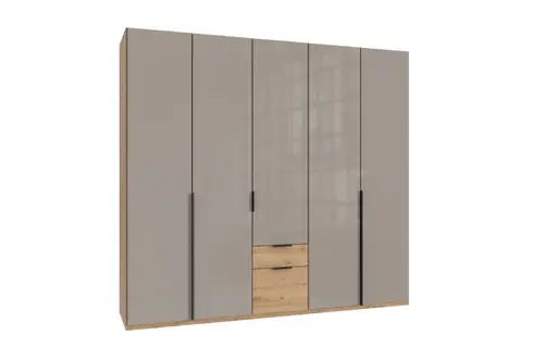 Drehtürenschrank WANJA- B ca. 225 cm, Eiche Dekor, Glas, Saharagrau