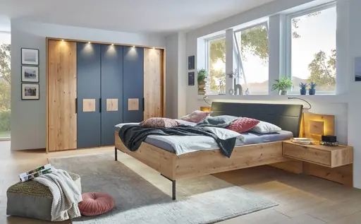 Schlafzimmer - inkl. Polsterkopfteil, Bianco-Eiche-Nachbildung, Lava Dekor, Absetzung Hirnholz