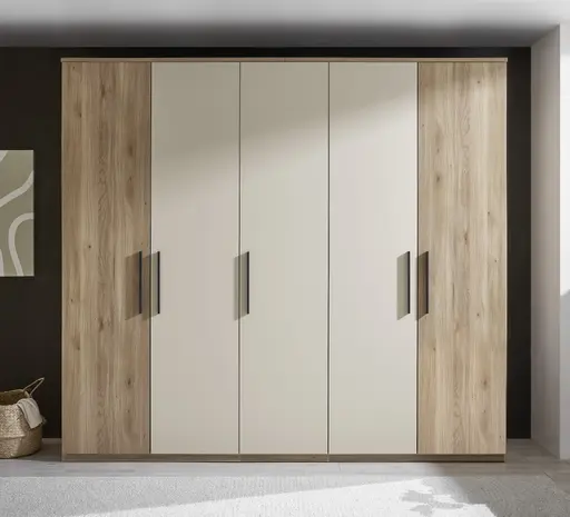 Drehtürenschrank - B. ca. 250,4 cm, Außentüren Holzdekor, Mitteltüren Beige