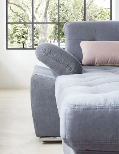 Wohnlandschaft - Longchair links, 3-Sitzer, Ecke rechts inkl. Kopfteilverstellung, Armteilverstellung in Flachgewebe blaugrau