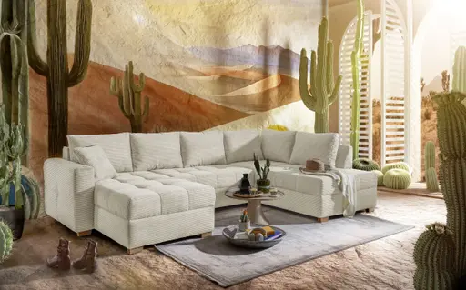 Wohnlandschaft JOSY - Longchair links, 1,5-Sitzer, Ecke rechts inkl. Schlaffunktion mit Bettkasten, Stoff, Beige