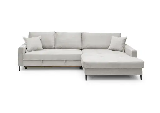Ecksofa - 3-Sitzer mit Longchair rechts, Schlaffunktion mit Bettkasten, Stoff, Creme