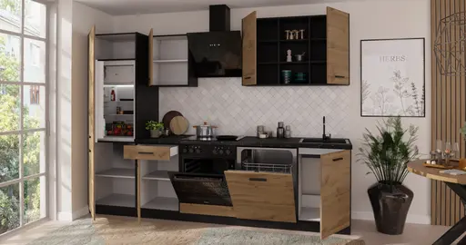 Küchenblock- ohne E-Geräte, B ca. 280 cm, Schwarz, Eiche Dekor