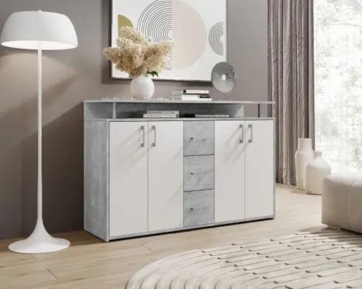 Highboard - B ca. 139 cm, Betonoptik, Weiß