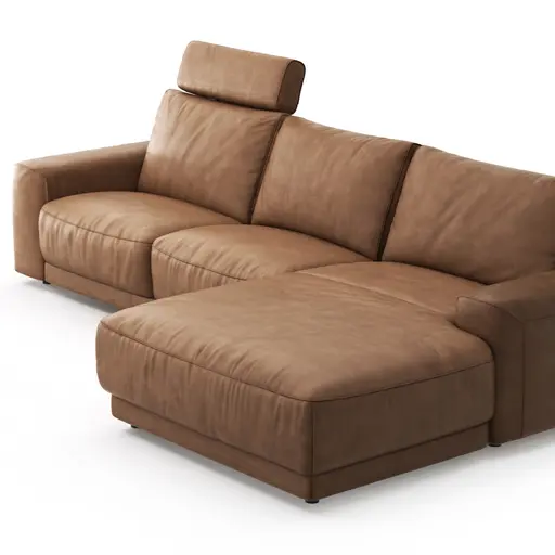 Ecksofa Balok - 2,5-Sitzer mit Longchair groß rechts, inkl. Relaxfunktion (motorisch) und Kopfstütze, Leder, Cognac