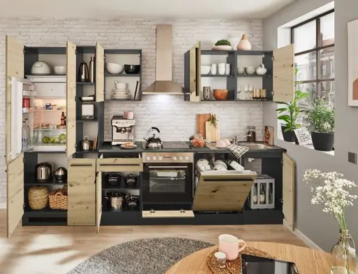 Küchenblock- Inkl. E-Geräte, B ca. 310 cm, Anthrazit, Eiche Dekor