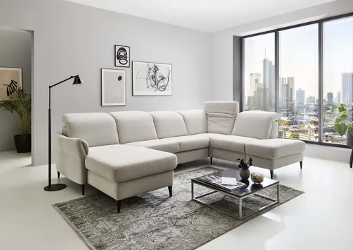 Wohnlandschaft - Longchair links mit 2,5-Sitzer und Ecke rechts, Kopfteil vertellbar, Stoff, Ecru
