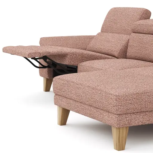 Ecksofa Hudson - 2,5-Sitzer mit Longchair rechts, inkl. Kopfteil/Armlehne verstellbar und Relaxfunktion (motorisch), Stoff, Kupfer