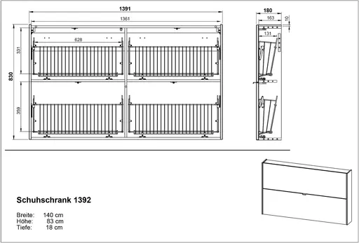 Schuhschrank GIANNA - B ca. 140 cm, Toffee, Navarra Eiche Nachbildung