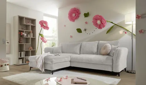 Ecksofa - Longchair links mit 2-Sitzer, Schlaffunktion mit Bettkasten, Stoff, Creme