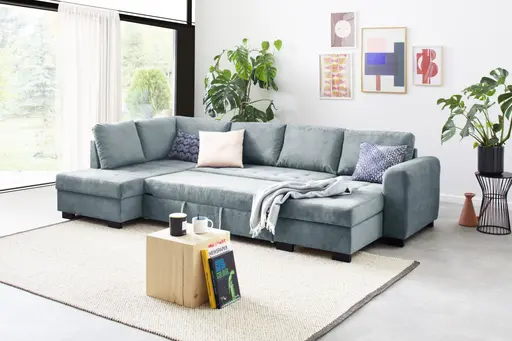 Wohnlandschaft - Ecke links, 2-Sitzer, Longchair rechts, Stoff, Blau