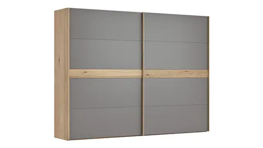 Schwebetürenschrank Viana - B ca. 301 cm, Lack, Steingrau, Riffholz, Balkeneiche