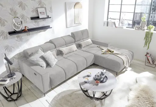 Ecksofa - 2-Sitzer mit Longchair rechts, Sitztiefe verstellbar motorisch/Kopfteil verstellbar, Stoff, Silbergrau