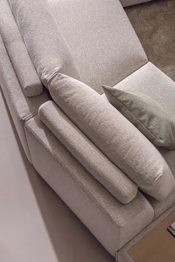 Ecksofa Serava Plus - Anbauhocker links mit 1-Sitzer, Trapezelement, Longchair rechts, Stoff, Sand