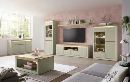 TV-Lowboard - mit Beleuchtung, B ca. 194 cm, Kaschmir, Stone Eiche Nachbildung