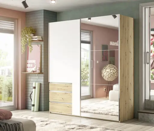 Schwebetürenschrank- B ca. 200 cm, Eiche Dekor, Weiß, Spiegel