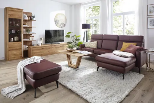 Ecksofa Arima - 2-Sitzer mit Longchair rechts, Leder, Weinbeere
