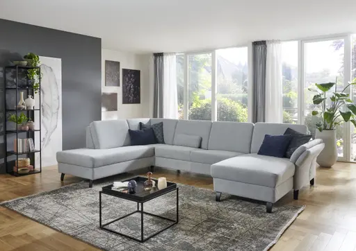  Wohnlandschaft - Ecke links mit 2-Sitzer und Longchair rechts,  Armteil verstellbar, Stoff, Silbergrau