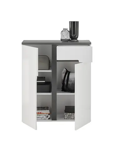 Schuhkommode - B ca. 88 cm, Weiß, Weiß Hochglanz, Anthrazit